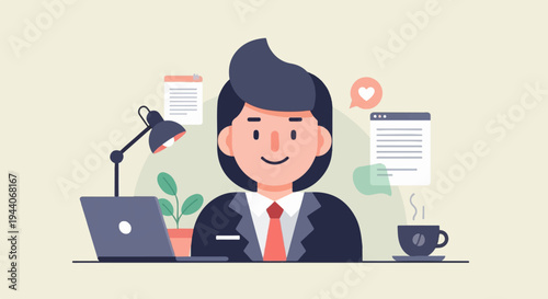 Cheerful person in formal attire works at a desk with laptop, plant, lamp, and coffee