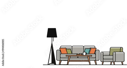 Modern living room with sofa, armchair, coffee table, and floor lamp