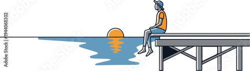 Person sits on a pier watching a sunset over the water