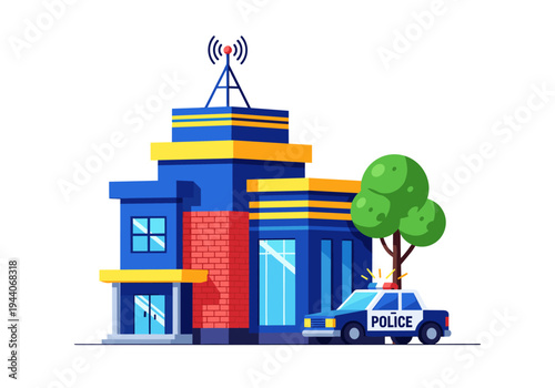 Modern police station building with patrol car and antenna, flat design illustration