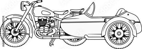 Detailed line drawing of a vintage motorcycle with a sidecar attached