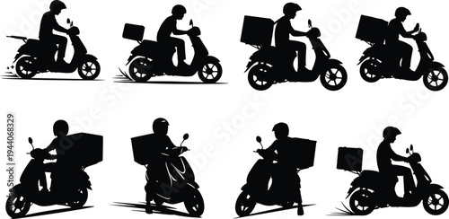 Silhouette vector illustration of delivery riders on scooters with helmets and parcel boxes, fast food courier service, shipping and customer delivery concept