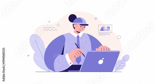 Person wearing cap and tie works on laptop with stylus, surrounded by abstract shapes