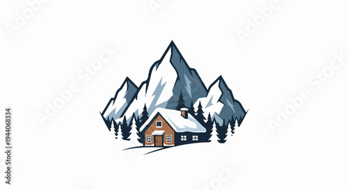 Cozy winter cabin nestled at the base of snow-capped mountains