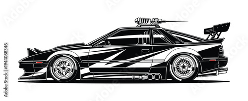 Vector of a high-speed drift car with racing decals and large spoiler