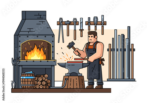 Blacksmith working at anvil with hammer and hot metal in a forge