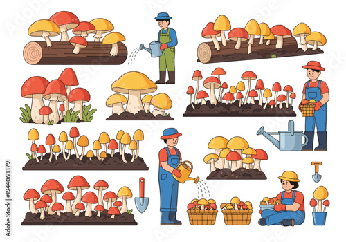 Cartoon farmers tending to a variety of mushrooms in different stages of growth and harvest