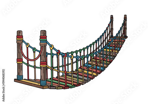 Colorful rope bridge for playground or adventure park, cartoon style illustration