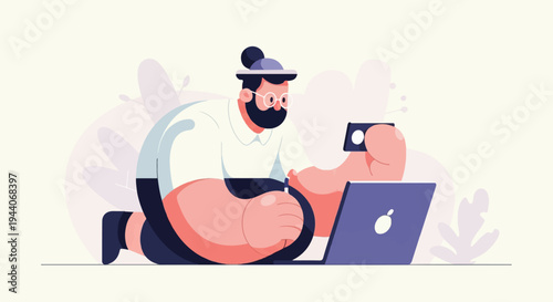 Person with beard, glasses, and bun using laptop and phone