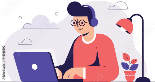 Person with headphones and glasses working on laptop, with lamp and plant