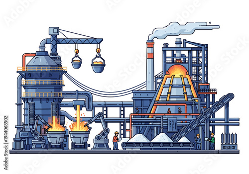 Modern industrial factory with automated processes and smoking chimneys, illustrating heavy industry