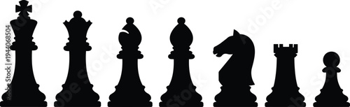 Black silhouette chess pieces set – king, queen, bishops, knight, rook, pawn, classic strategy game icons, vector illustration