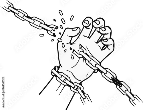 Powerful hand breaks chains, symbolizing freedom and strength