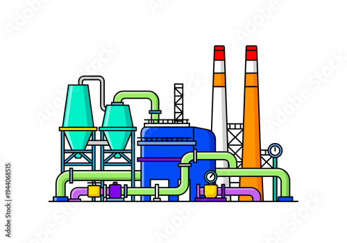 Modern industrial factory with pipes, silos, and smokestacks, flat design illustration