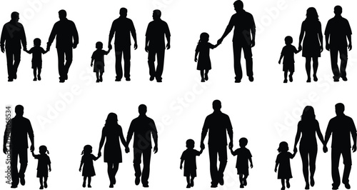 Silhouette vector illustration of diverse family groups walking hand in hand, parents with children, bonding, caregiving, parenting, love, lifestyle and togetherness concept
