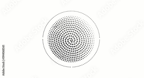 Grey dots form concentric circles and a spiral pattern on white