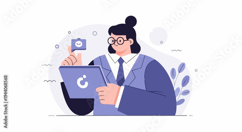 Professional woman in suit using digital tablet and mobile device