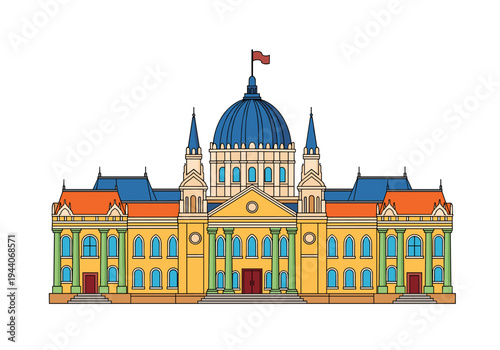 Ornate classical building with a blue dome and red flag, featuring columns and arched windows