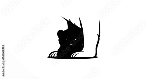 Silhouette of a bear cub peeking from behind a large leg