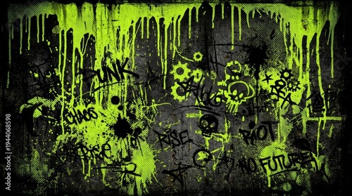 Grungy urban street art background featuring neon green paint drips, skulls, and punk graffiti elements on a distressed dark concrete wall texture.