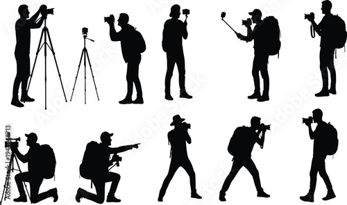 Silhouette vector illustration of photographers and videographers using cameras, tripods, selfie sticks, backpacks, capturing photos and videos, content creation, travel and exploration concept