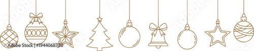 Christmas ornament, festive decoration, hanging baubles, gold outline, holiday icon, bell, star, tree, celebration, elegant, minimal, seasonal, symmetrical, traditiona