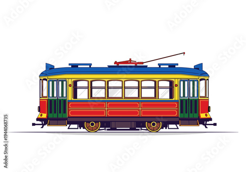 Colorful vintage tramcar with blue, yellow, and red exterior on a white background