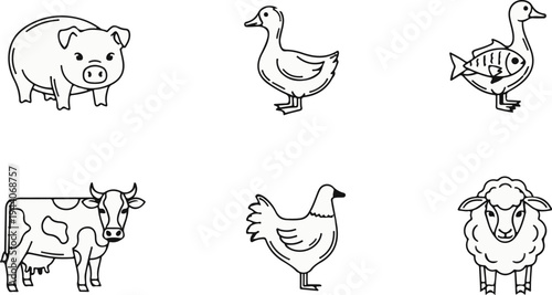 Six simple cartoon farm animal line drawings in black and white
