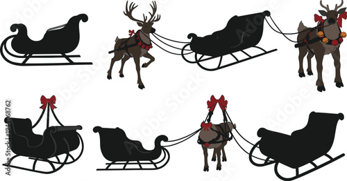 Christmas sleigh vector, festive reindeer clipart, holiday decoration, Santa transport, red bow ornament, winter silhouette, harness design, seasonal graphic art
