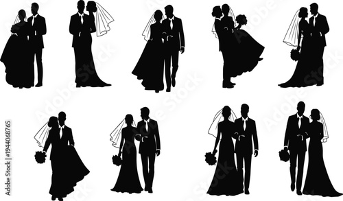 Silhouette vector illustration of wedding couples in romantic poses, bride with gown and bouquet, groom in suit, love, marriage ceremony and celebration concept