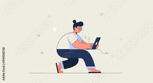 Person in casual attire, focused on laptop, with abstract background shapes