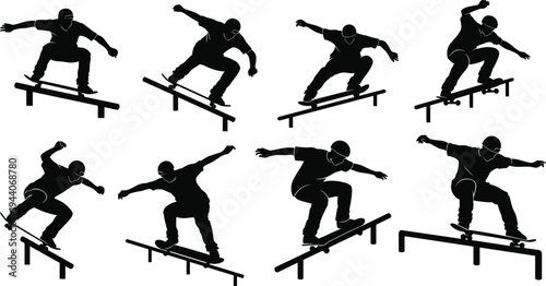 Silhouette vector illustration of skateboarder performing rail tricks, balance, jumps, grinds, extreme sport, urban lifestyle, youth culture, dynamic movement and skateboarding concept
