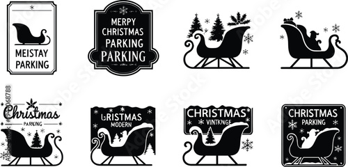 Christmas sleigh silhouette vector, festive parking sign design, holiday decoration art, black white graphic, cad drawing flat vector illustration