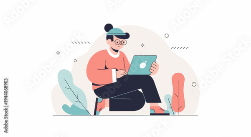Stylized person in hat and glasses using laptop among abstract plants