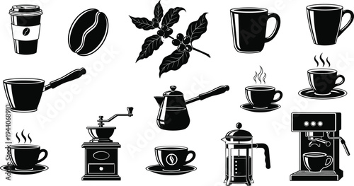 Vector silhouette illustration of coffee cups beans grinder moka pot cezve French press espresso machine, coffee preparation tools and beverage concept design