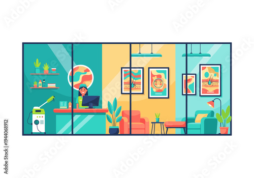 Modern dermatology clinic interior with reception, waiting area, and treatment room