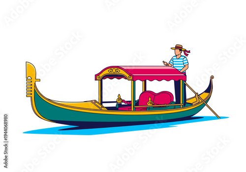 Venetian gondola with gondolier navigating canals on a sunny day