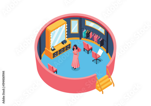 Fashion backstage dressing room with clothes rack, vanity mirror, and chairs