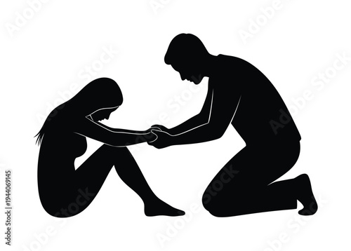 Vector silhouette of a man comforting a seated woman by holding her hand