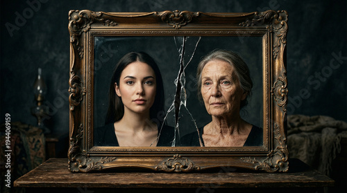 cracked framed portrait of a woman split into young and old halves symbolizing the transience of youth and life