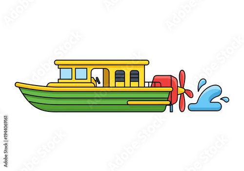Cartoon tugboat with a yellow cabin and green hull moving through blue water with a propeller