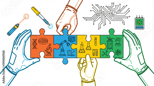 Science and technology concept: hands assembling puzzle with lab equipment and circuitry with science with technology with collaboration with puzzle with hands