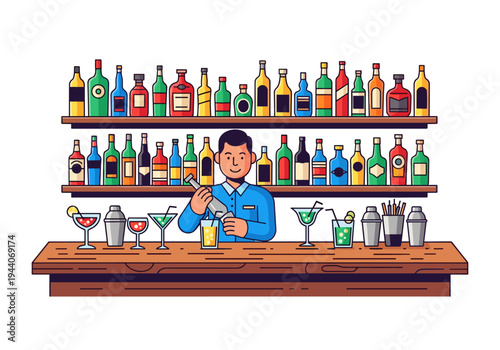 Friendly bartender preparing a drink behind a bar stocked with colorful bottles and glasses