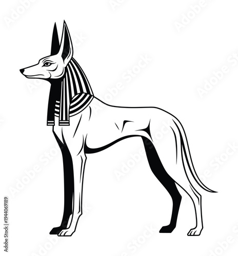 Vector of an egyptian deity with a dog's head wearing a striped headdress.