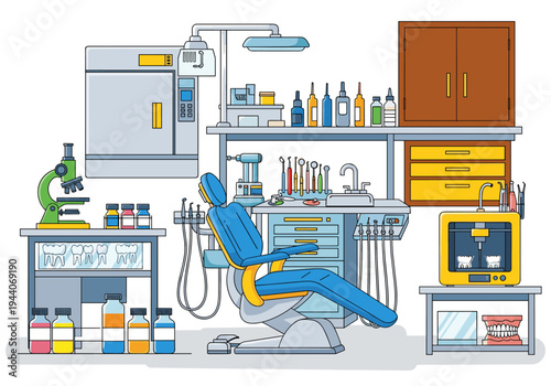Modern dental clinic interior with advanced equipment and dental chair