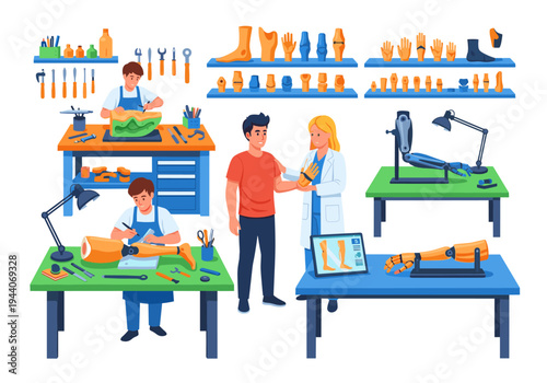 Prosthetic limb workshop with technicians and patients creating artificial limbs