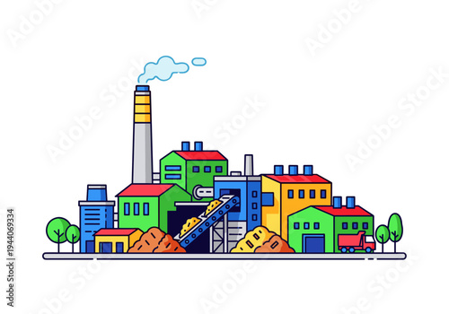 Modern industrial factory complex with conveyor belt and smoking chimney, vibrant colors