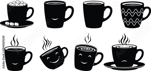 Coffee cup vector illustration, CAD style black silhouette sketch, steaming mugs, tipped-over cup, swirl foam art, flat designCoffee cup vector illustration, CAD style black silhouette sketch