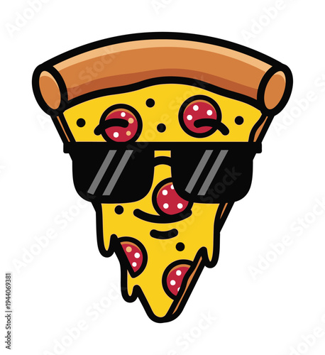 Vector of a pizza slice wearing sunglasses with pepperoni toppings highlighted in a cartoon style