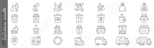 Waste management and recycling icon set – editable outline symbols of trash, bin, recycling, garbage carry, garbage truck, sorting and eco-friendly